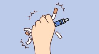 Illustratie hand breekt sigaret en vape op Werelddag zonder Tabak
